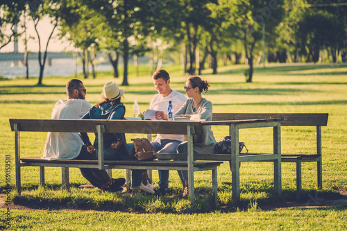 Multi-ethnic group of friends chatting in a park