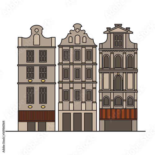 City sights. Brussels architecture landmark. Belgium country flat travel elements. Famous square Grand place. Facade historic houses.