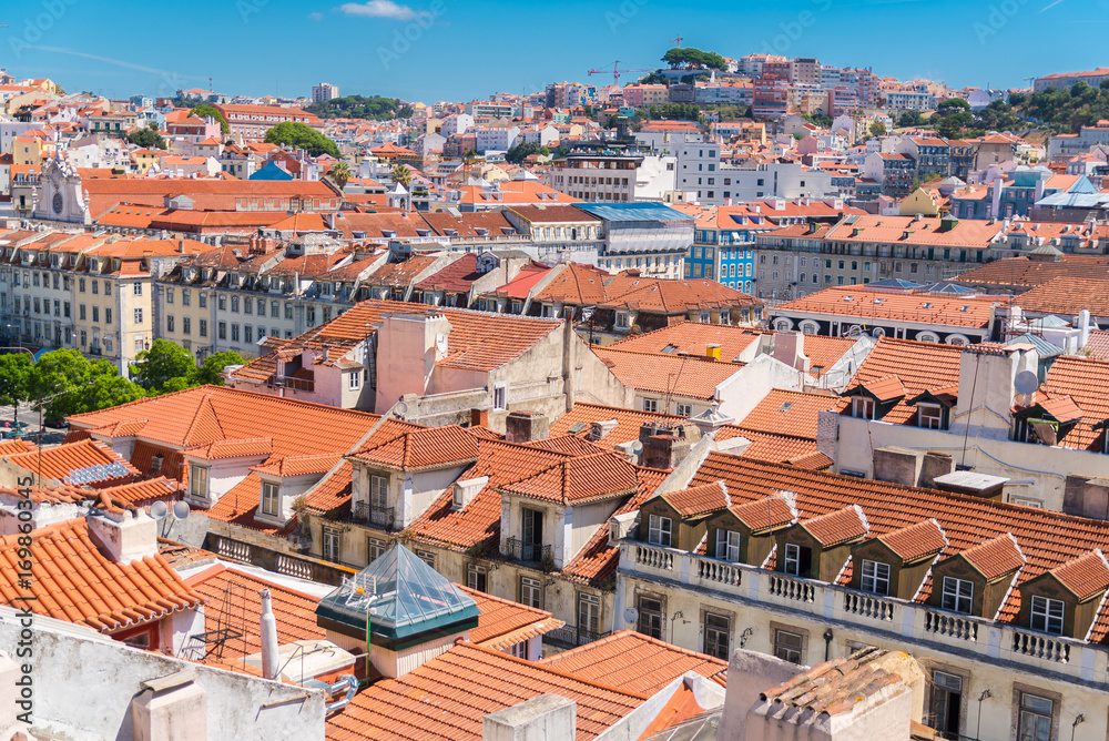      Orange tiles roofs in lisbon, Portugal, typical houses
