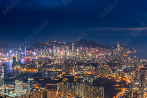 Top view from The kowloon peak, sunset onver Kowloon and Hong kong sky.