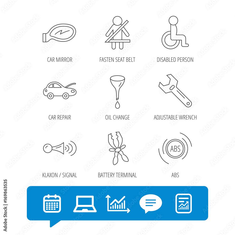 Car mirror repair, oil change and wrench icons. Car mirror repair, oil change and wrench icons.