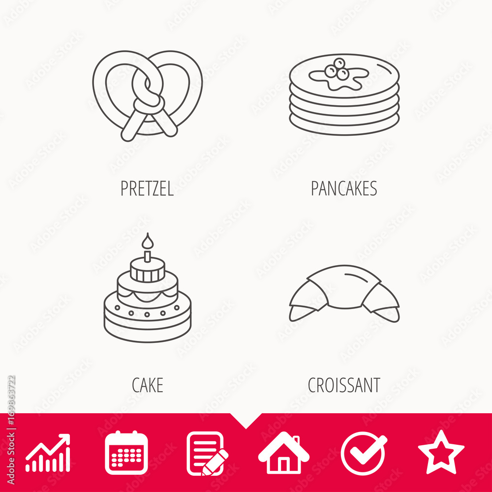 Croissant, pretzel and pancakes icons. Croissant, pretzel and pancakes icons.