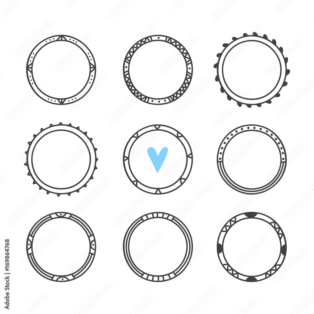 Set of 9 hand drawn frames. Cute circle wreaths. Design elements