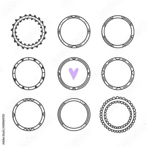 Romantic collection with hand drawn round frames. Cute circle wreaths. Vintage design elements