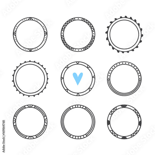 Set of 9 hand drawn frames. Cute circle wreaths. Design elements