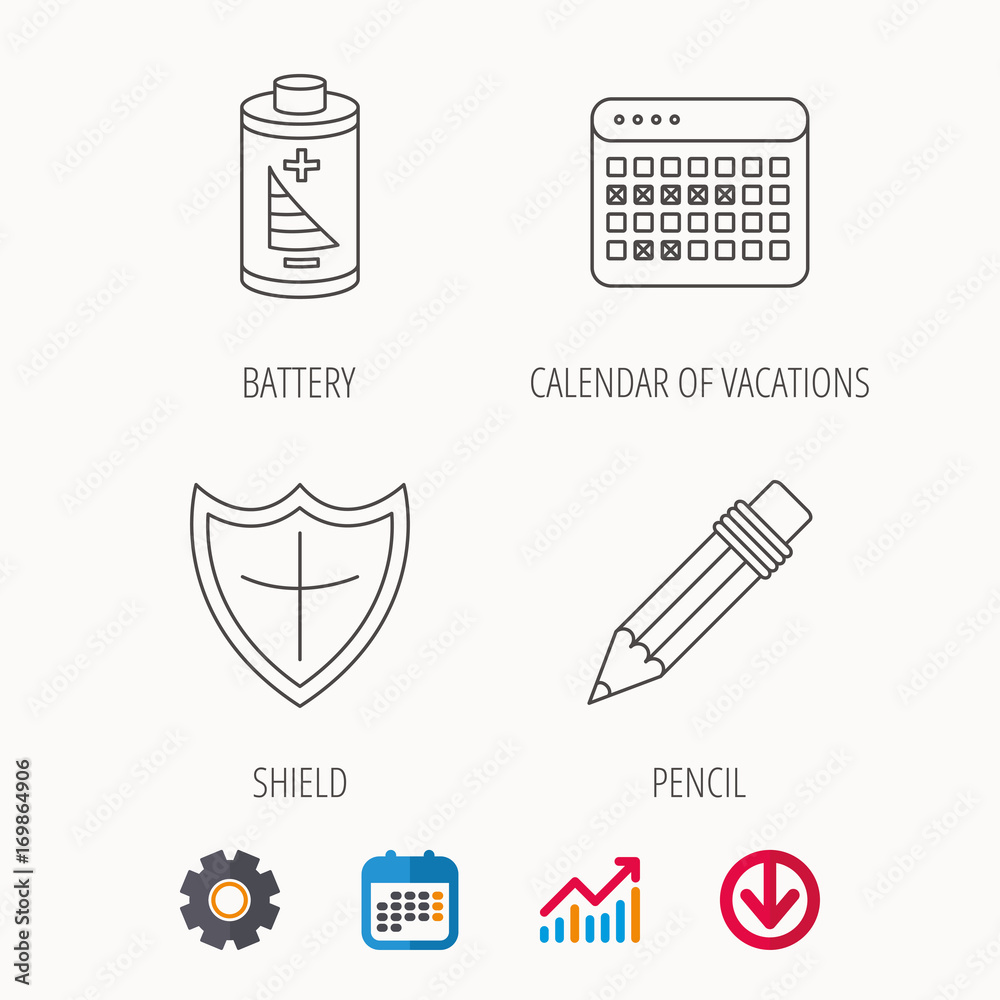 Battery, pencil and protection shield icons.