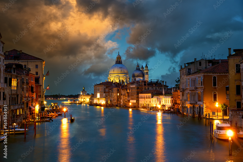 Grand Canal with Basilica Santa Maria della Salute at dusk, Venice, Italy