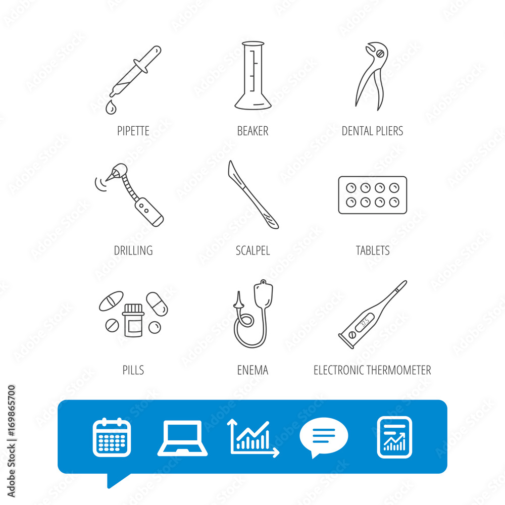 Thermometer, pills and dental pliers icons. Thermometer, pills and dental pliers icons.
