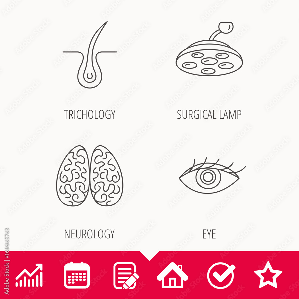 Eye, neurology brain and surgical lamp icons.