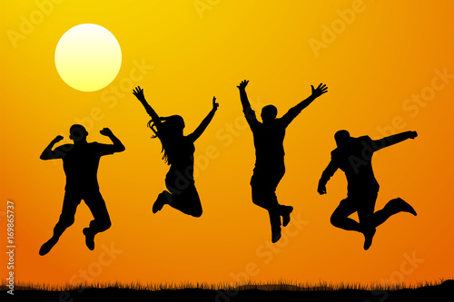 Jumping people at sunset, vector silhouette © nosyrevy