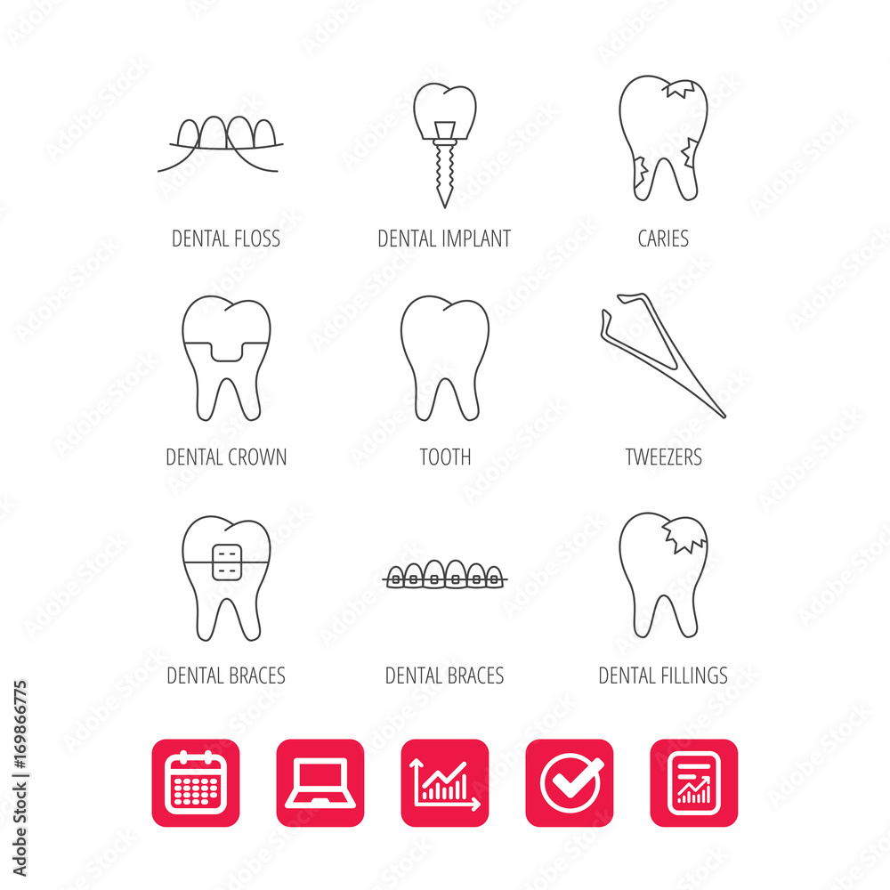 Dental implant, floss and tooth icons. Braces. Dental implant, floss and tooth icons. Braces.