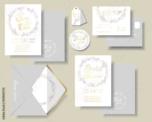 Set of botanical leaves wreath wedding invitation card.Purple and pink color tone.Can be use Birthday card , Invitation card , Brochure. Modern Minimal style.Vector/Illustration