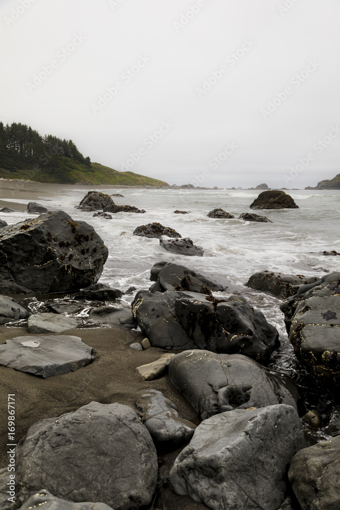 black rocks along the shoreline on a foggy morning