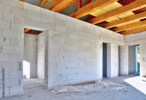 Interior of a new house construction made with aerated concrete blocks. 