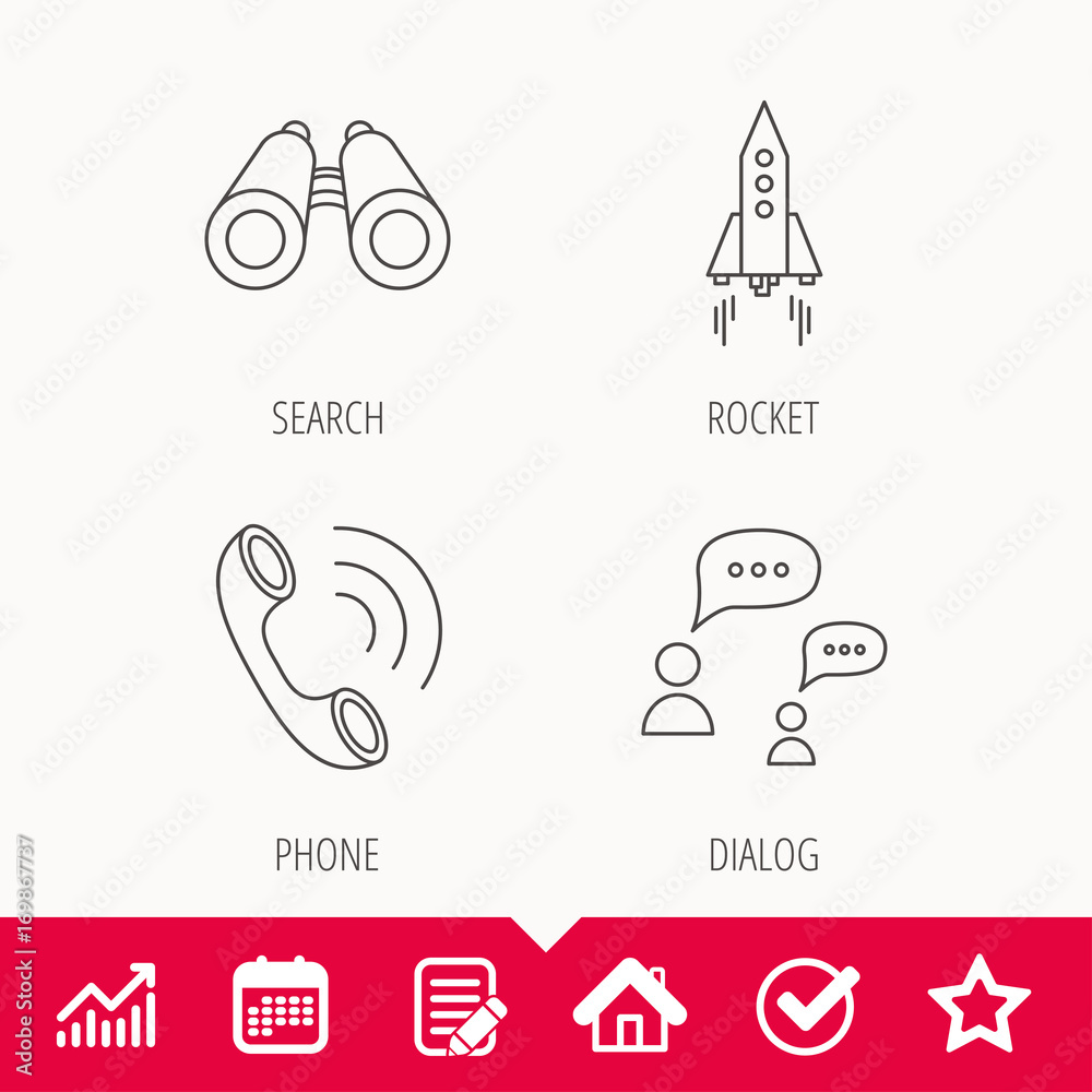 Phone call, chat speech bubble and binoculars icons.