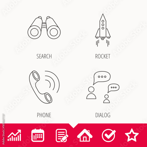 Phone call, chat speech bubble and binoculars icons.