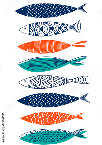 Pattern of fish in the style of doodle