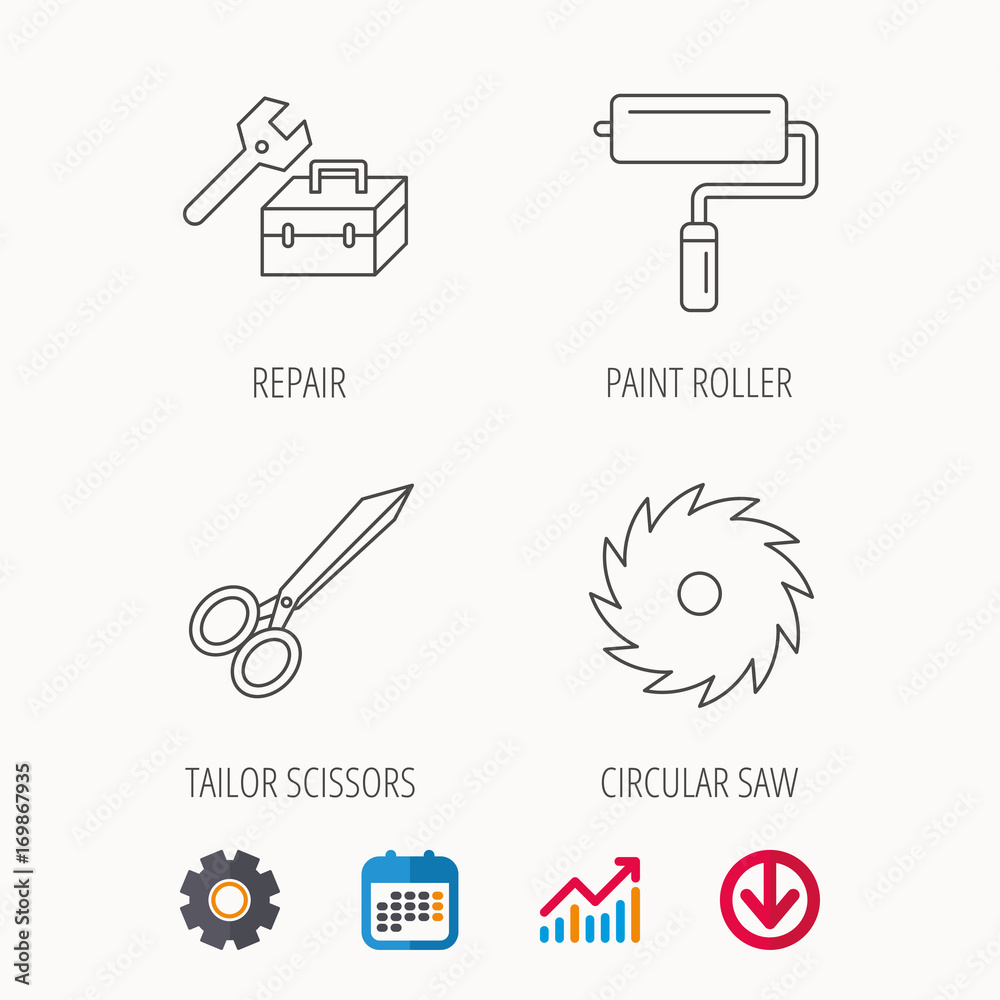 Scissors, paint roller and repair tools icons. Scissors, paint roller and repair tools icons.