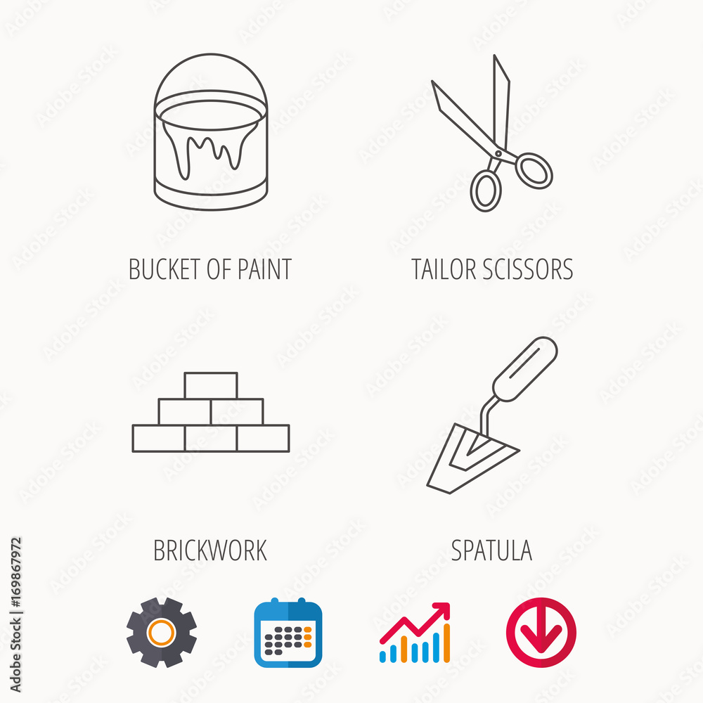 Spatula, scissors and bucket of paint icons. Spatula, scissors and bucket of paint icons.