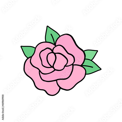 Rose vector illustration drawing, cute pink rose with green leaves. Graphic print, sticker or icon, isolated on white background.