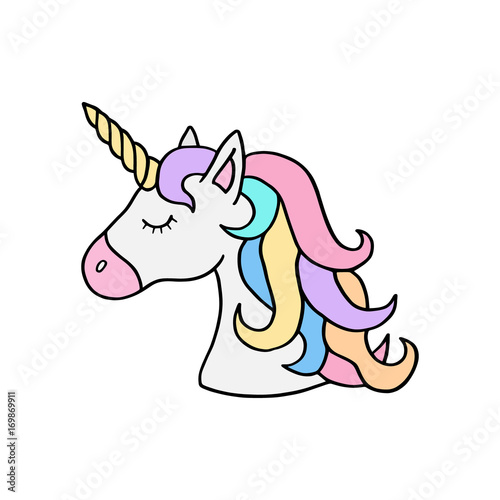 Colorful rainbow unicorn vector illustration drawing. Cute unicorn's head with rainbow mane and yellow horn. Unicorn cartoon graphic print isolated on white background. Unicorn sticker icon.