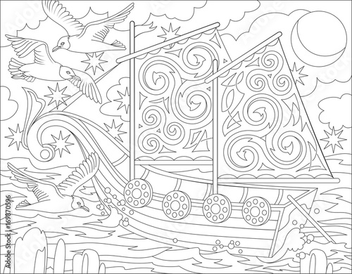 Page with black and white illustration of fantasy Celtic ship for coloring. Worksheet for children and adults. Vector image.