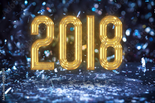2018 Happy New Year. Gold Balloon Type On Blue Glitter Soft Bokeh Background.