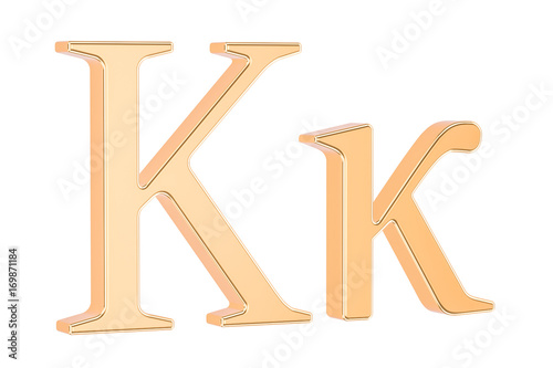Golden Greek letter kappa, 3D rendering