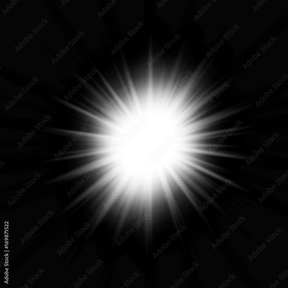 White glowing light burst explosion in black background