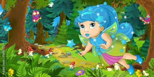 Cartoon background of fairy flying in the forest - illustration for children © agaes8080
