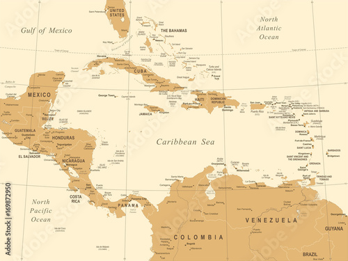 Central America Map - Vintage Vector Illustration