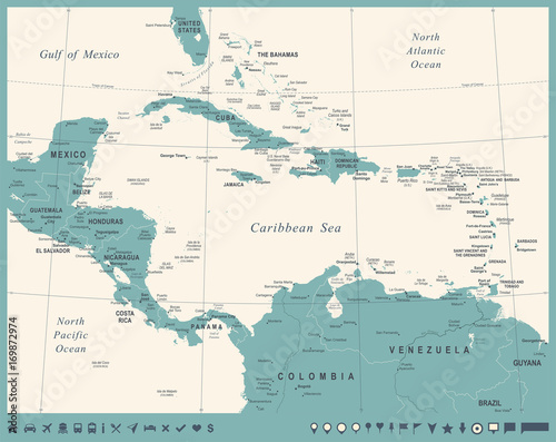 Central America Map - Vintage Vector Illustration