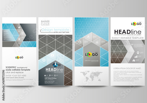 Flyers set, modern banners. Cover design template, abstract flat layouts. Scientific medical research, chemistry pattern, hexagonal molecule structure, science vector background.