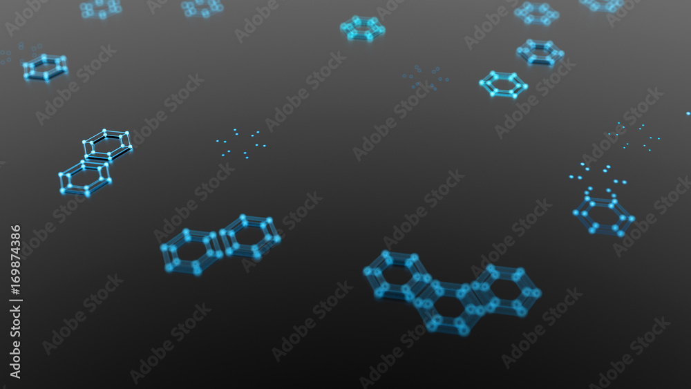 Abstract geometric hexagon background with glow. 3d illustration, 3d rendering.