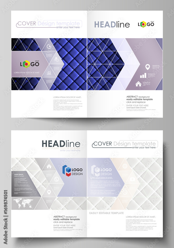 Business templates for bi fold brochure, flyer. Cover design template, abstract vector layout in A4 size. Shiny fabric, rippled texture, white and blue color silk, colorful vintage style background.