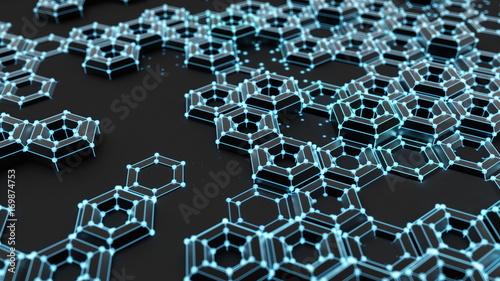 Black background with hexagons and glow. 3d illustration, 3d rendering.