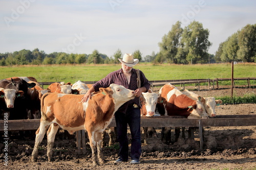 фермер  в шляпе на пастбище с быком