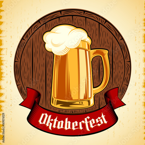 Glass of beer with craft foam lager ale on a wooden barrel. The banner ribbon with gothic german lettering Oktoberfest. Vector color ink hand drawing stamp print in retro style on vintage background