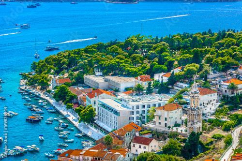 Hvar sea port aerial. / Aerial view on town Hvar sea port, famous tourist summer resort in Croatia, Mediterranean. photo