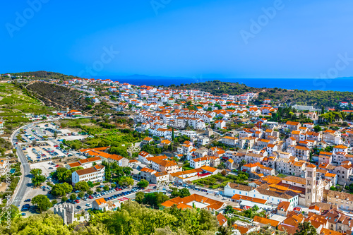 Hvar town cityscape. / Aerial cityscape of ancient town Hvar, popular summer resort on Island Hvar, Croatia.