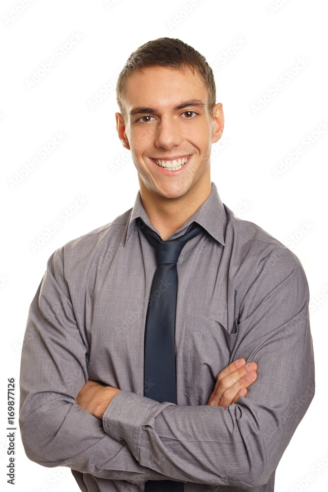 Young smiling businessman in gray on white shirt background Young smiling businessman in gray on white shirt background