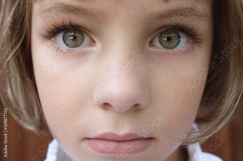 Portrait of a brown haired girl with big green eyes photo