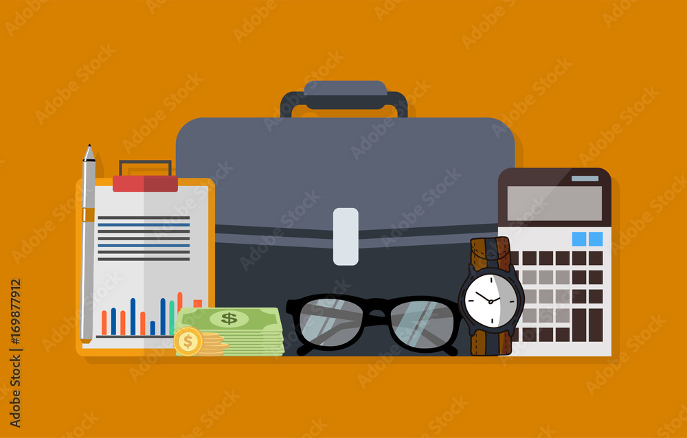 Investment, banking concepts. Safe,coins, calculator, clipboard,watch, pen  and briefcase flat design graphic elements, flat icons set for web banners,  websites, infographics, etc. Vector illustration Stock-Vektorgrafik | Adobe  Stock