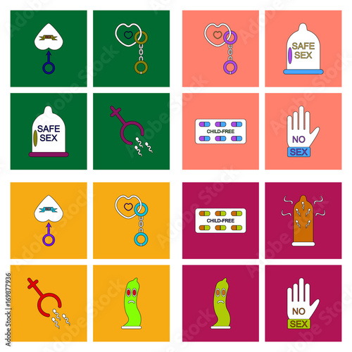 Set in flet of sex icons in thin line drowings. Condom hand photo