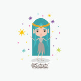 elf princess fantastic character and colorful sparks and stars on white background
