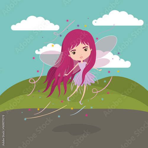girly fairy fantastic character flying with wings in mountain landscape background