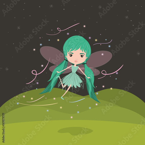 girly fairy fantastic character flying with wings and pigtails in night mountain landscape background
