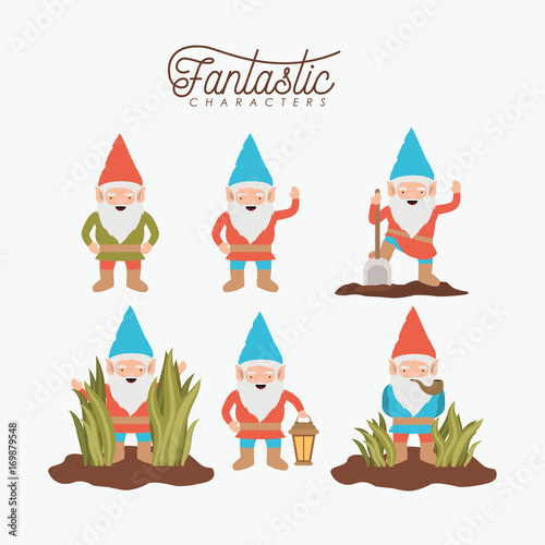 gnome fantastic character set with costume and icons on white background