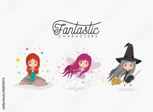 girly fantastic character set of mermaid fairy and witch on white background