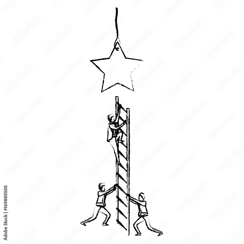 businessman climbing wooden stairs to reach a star silhouette blurred monochrome